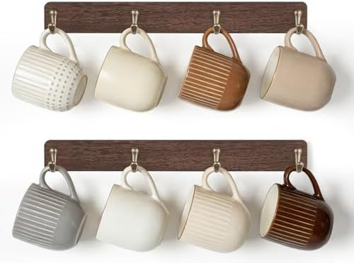 Mkono Coffee Mug Holder Wall Mounted Rustic Coffee Mug Rack with 8 Hooks Metal Display Shelf Wood... | Amazon (US)