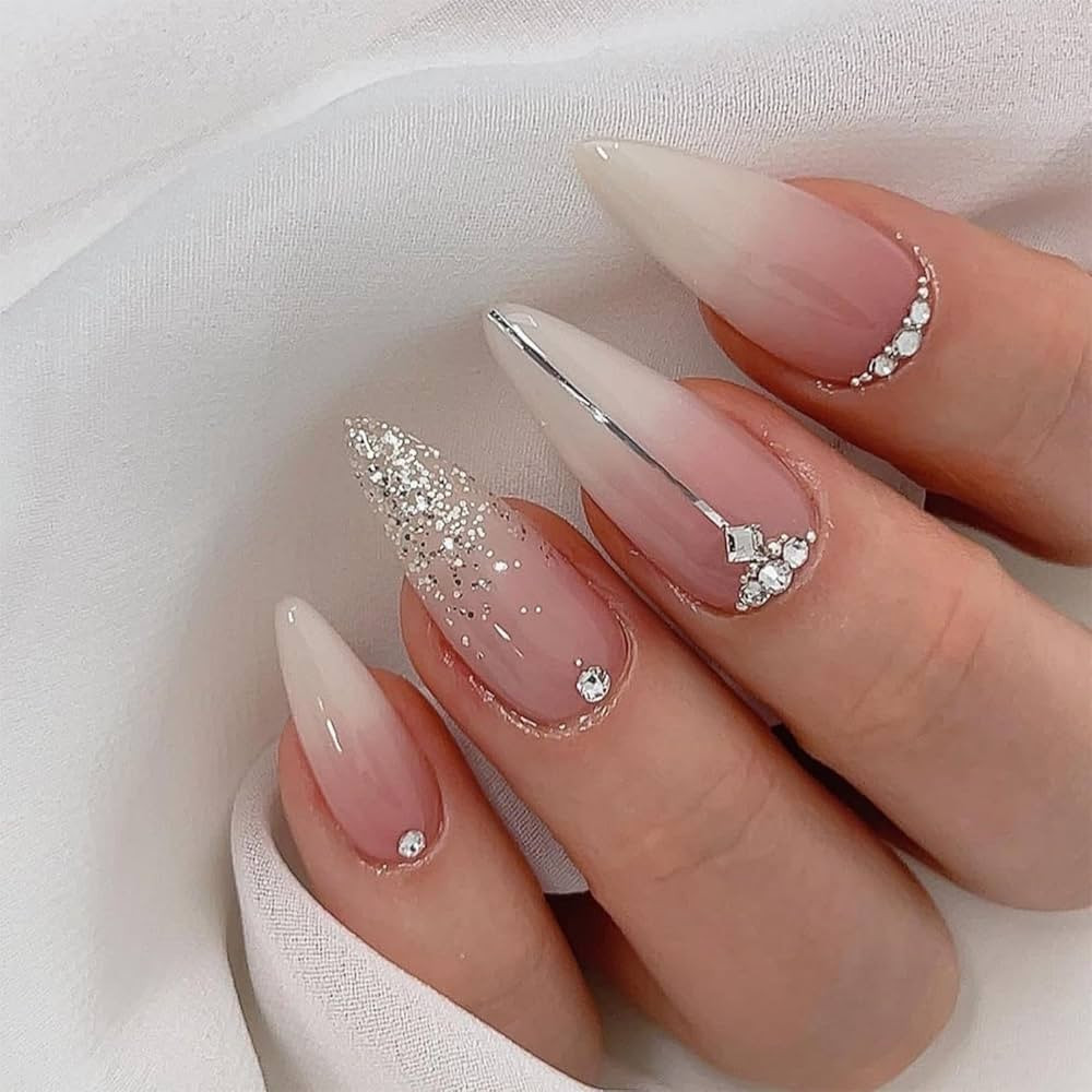 Silver Glitter Press on Nails French Tip Fake Nails Medium Almond False Nail with Rhinestone Desi... | Amazon (US)