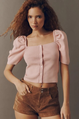 Maeve Square-Neck Puff-Sleeve Cardigan Sweater | Anthropologie (US)
