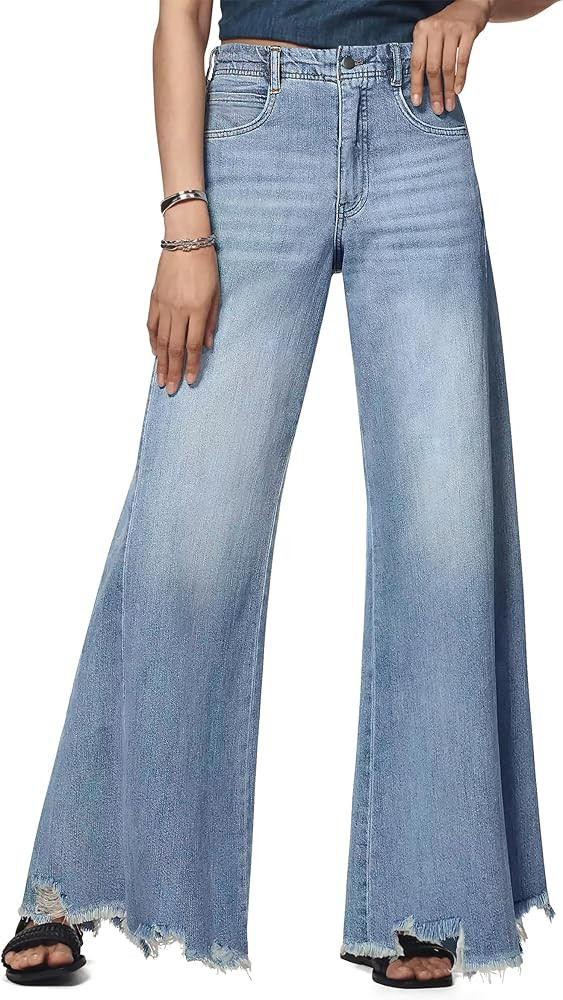 PHISOCKAT Women's Wide Leg Baggy Jeans Mid-Rise Loose Flare Jeans with Frayed Hem Stretchy Denim ... | Amazon (US)