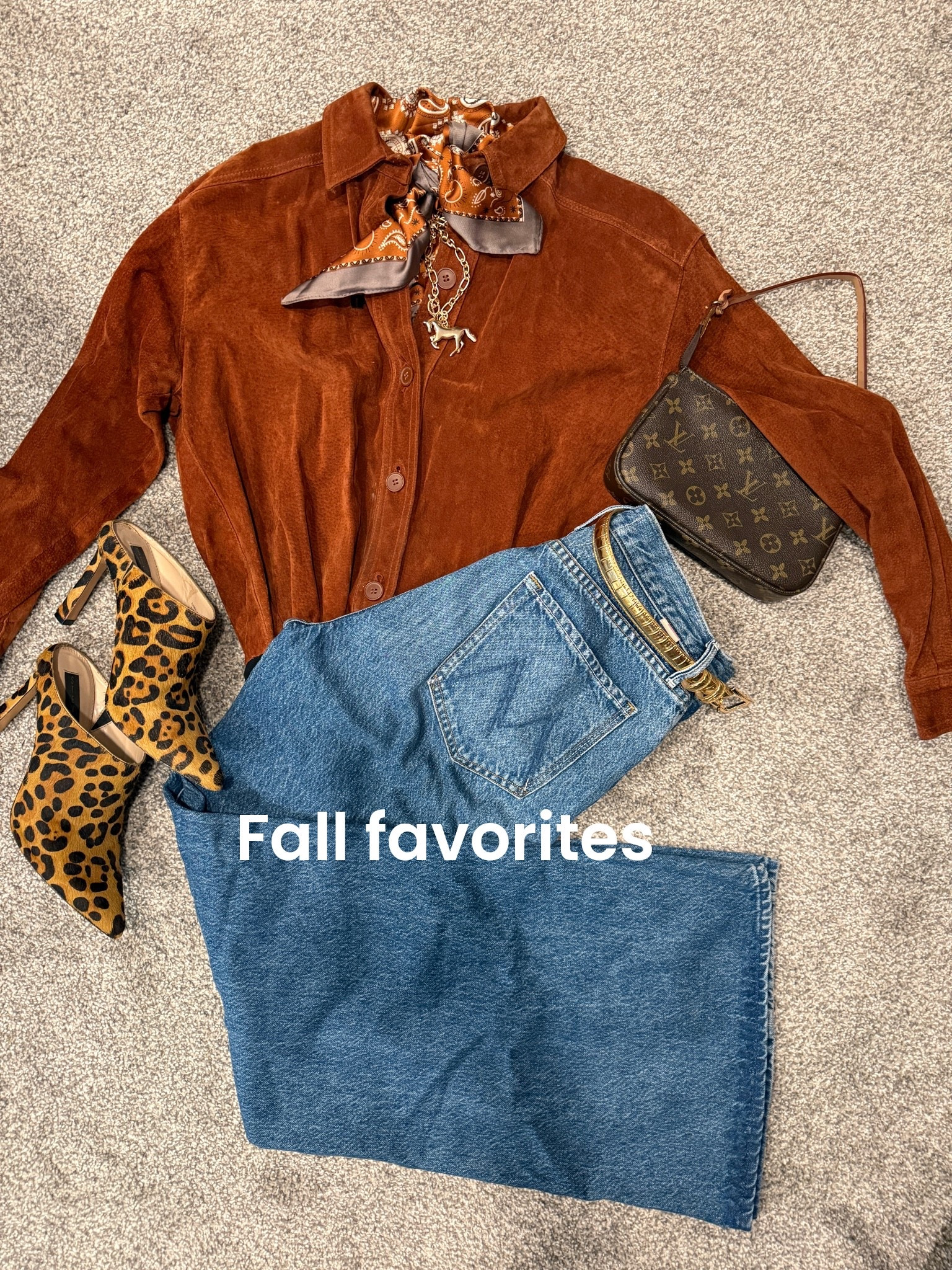 🍁Fall favorites🍂

Suede button up top (mine is vintage) I linked similar 

My best selling Mother lemon twist wide leg jeans… best seller for several seasons now.. restocked 

Gold horse necklace
Selling fast .. hurry this is a good one

Leopard heel booties

Gold belt 

Satin scarf in perfect shades of fall… perfect for neck, tie on bag, through a belt loop, or your hair. Affordable and so good

Louise Vuitton pouche

#LTKgrwm #LTKdayinmylife #LTKOver40