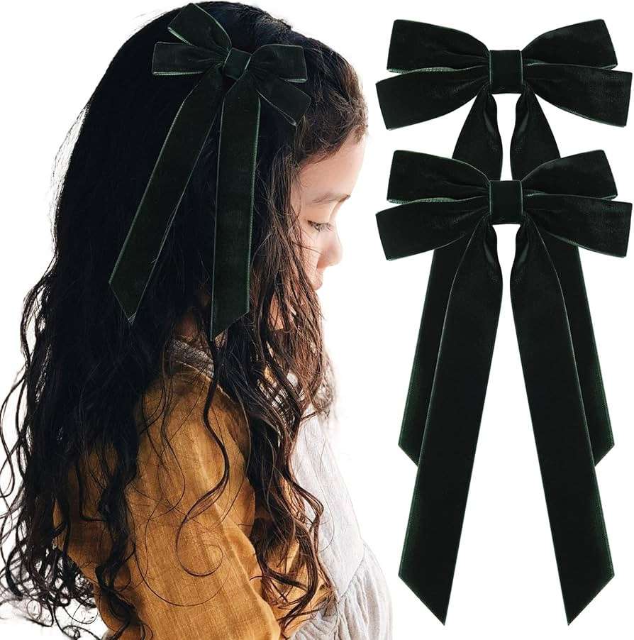2PCS Velvet Hair Bows Green Hair Ribbon Clips Big Fall Alligator Clips Hair Accessories for Women... | Amazon (US)