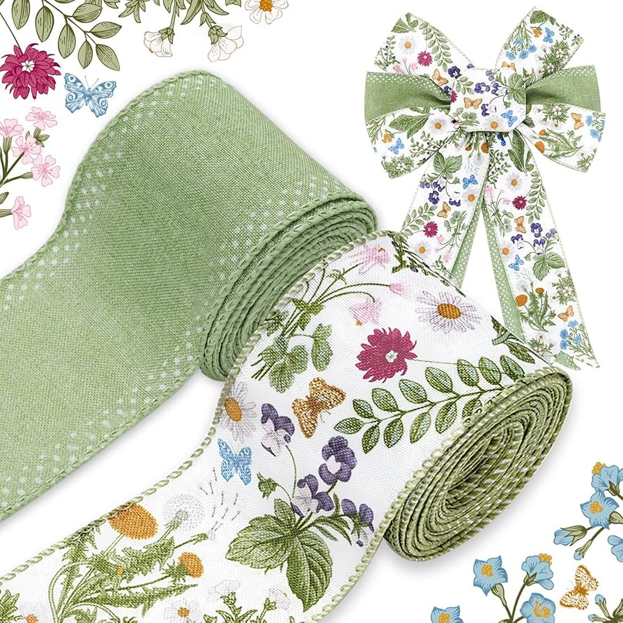 Green Wildflowers Wired Edge Ribbon Retro Wild Floral Craft Ribbon Spring Fabric Ribbon for Wreat... | Amazon (US)