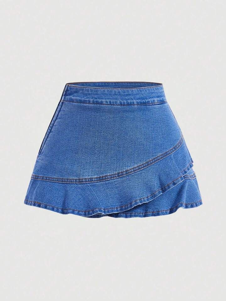 SHEIN MOD Vrouwen Denim Skort Met Rucheszoom | SHEIN