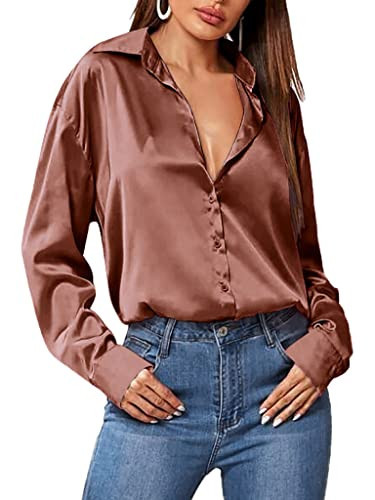 Zeagoo Brown Button Down Shirt Silk Blouse for Women Satin Long Sleeve Tops Elegant Silky Button Down Shirts Blouse Brown L | Amazon (US)