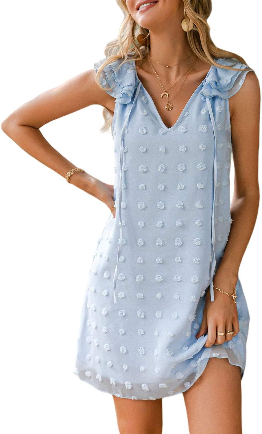 Simplee Women's V Neck Sleeveless Pom Pom Swiss Dot Shift Dress Summer Leopard Print Tunic Mini D... | Amazon (US)