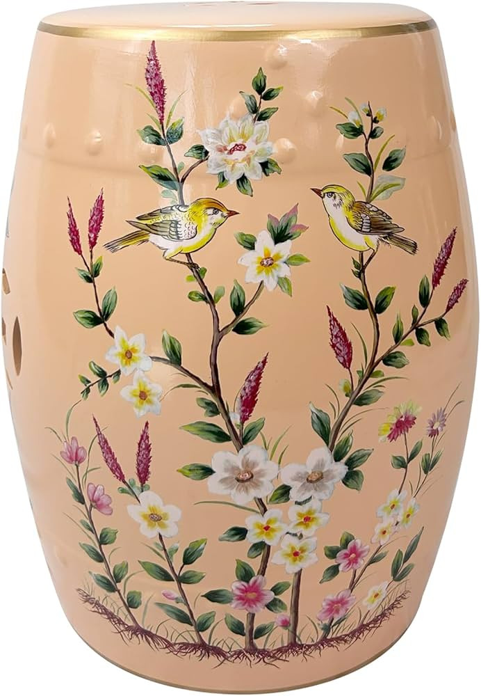Hand-Painted Floral Bird Ceramic Drum Stool - Oriental Artistry Storage Ottoman, Accent Seat, End... | Amazon (US)
