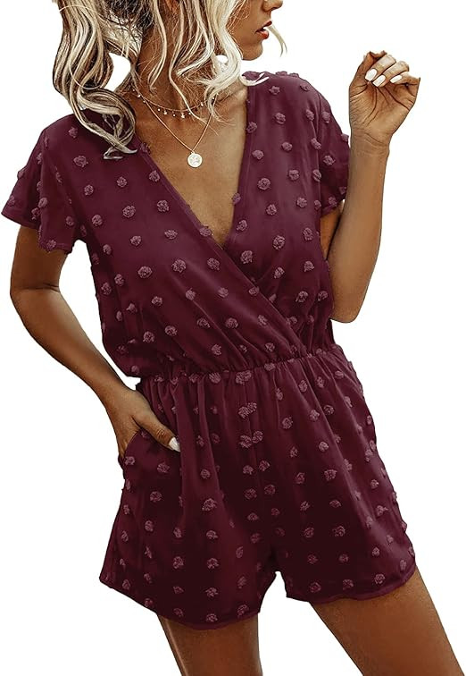 BTFBM Women Fashion Wrap V-Neck Swiss Dot Print Soft Short Sleeve Elastic Waist Plain Summer Shor... | Amazon (US)