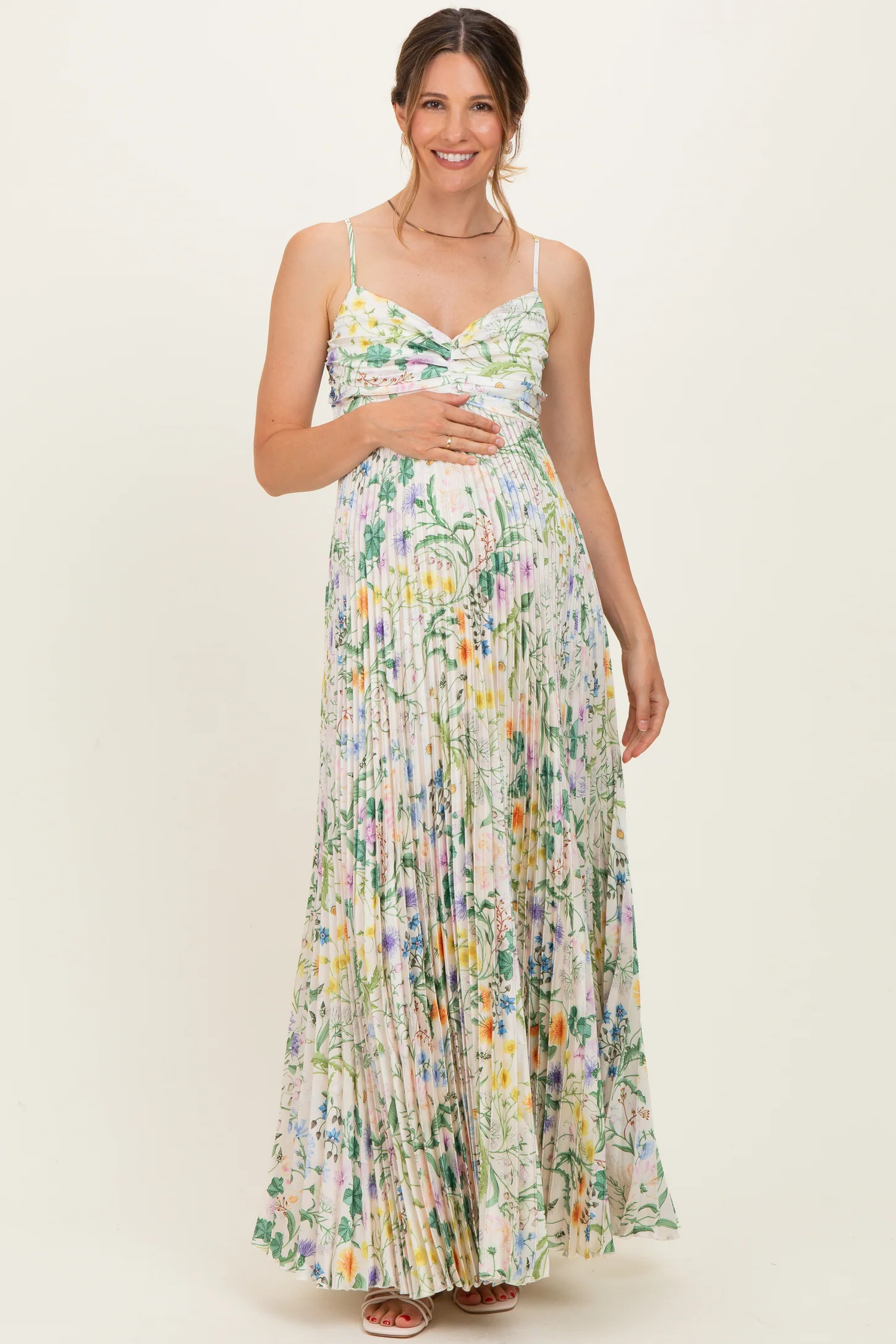 Ivory Floral Pleated Sleeveless Maternity Maxi Dress | PinkBlush Maternity