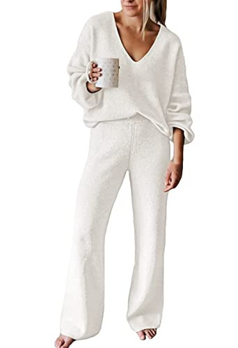Fixmatti Women's 2 Piece Knit Outfits Casual V Neck Sweater Wide Leg Pant Set Lounge Sweatsuit White S | Amazon (US)