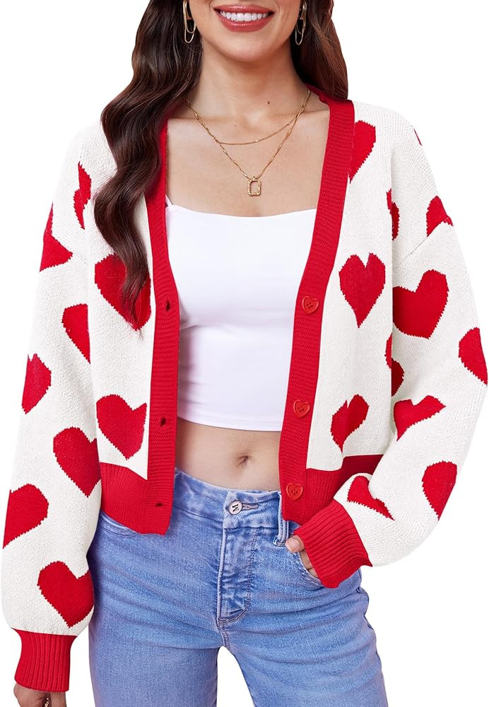 Women's Valentine's St Patrick's Day Cute Y2K Cropped Cardigan Long Sleeve Button Down Heart Swea... | Amazon (US)