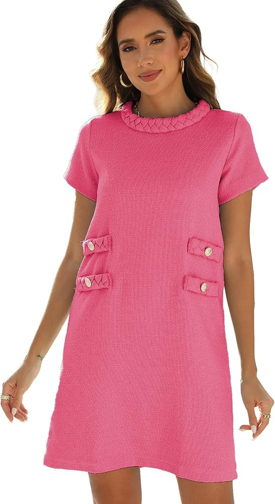 Hixiaohe Womens Elegant Tweed Dress Short Sleeve Crew Neck A-line Bodycon Mini Skirt Party Busine... | Amazon (US)