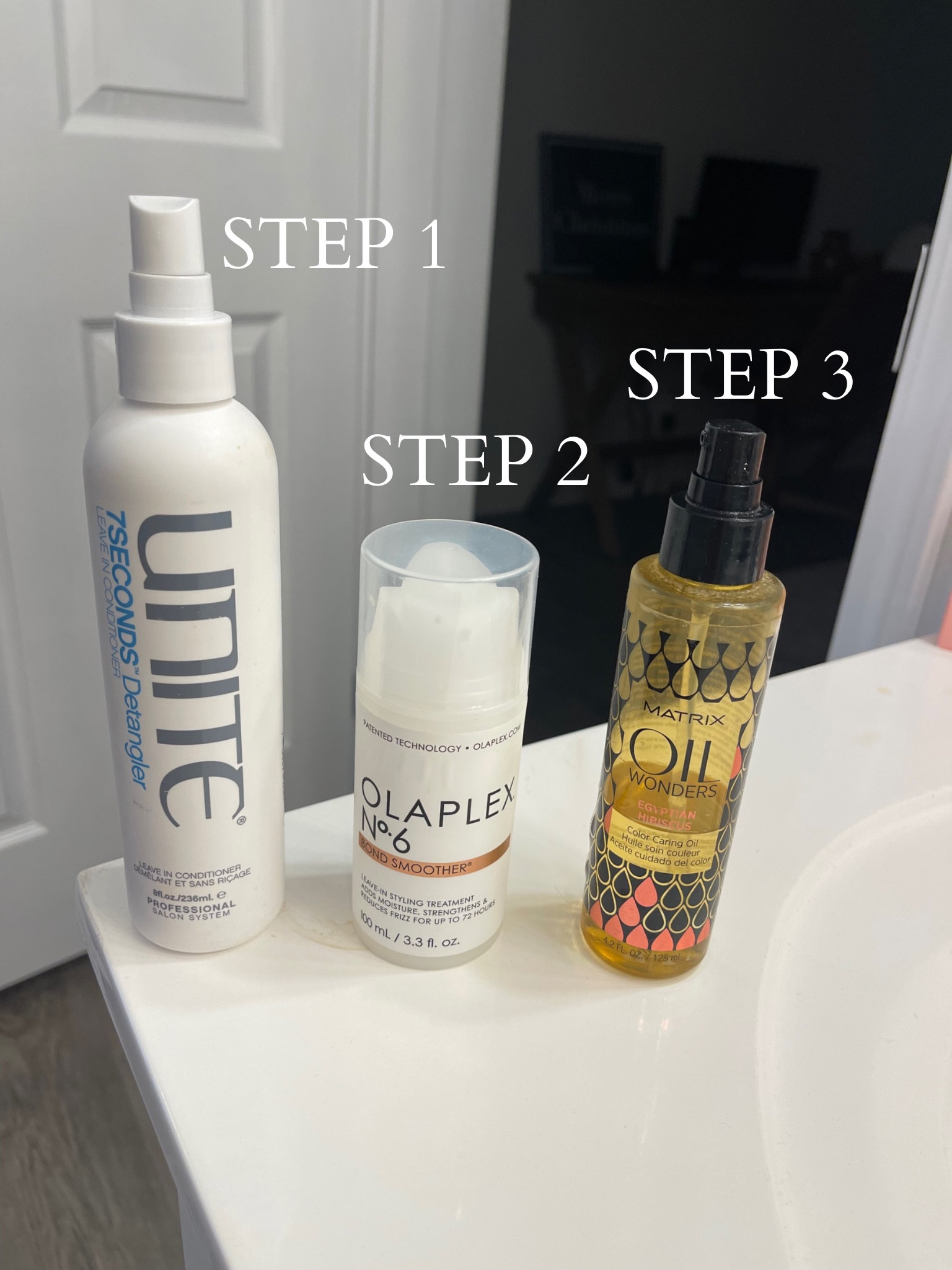 After shower routine! 

Step 1: UNITE Detangler Spray | detangles, strengthens and heat protectant. I spray this all over! 

Step 2: Olaplex Bond Smoother | the best frizz reducer (especially if you air dry your hair). I also use this after curling my hair for any baby hairs that like to stick out. Place a small amount into hands and run through hair! (Too much can make your hair greesy, try not to get too close to your scalp)

Step 3: Matrix Oil Wonders | I have used this oil since I was in middle school. A little goes a LONG way. I swear by this product and is one of the many products that has helped keep my hair healthy and prevents split ends and dryness! Thi product is super hard to find now, so I also linked another similar option that I have used and love! 

Each of these products are applied before I brush my hair out! 

#LTKfindsunder100 #LTKbeauty #LTKstyletip