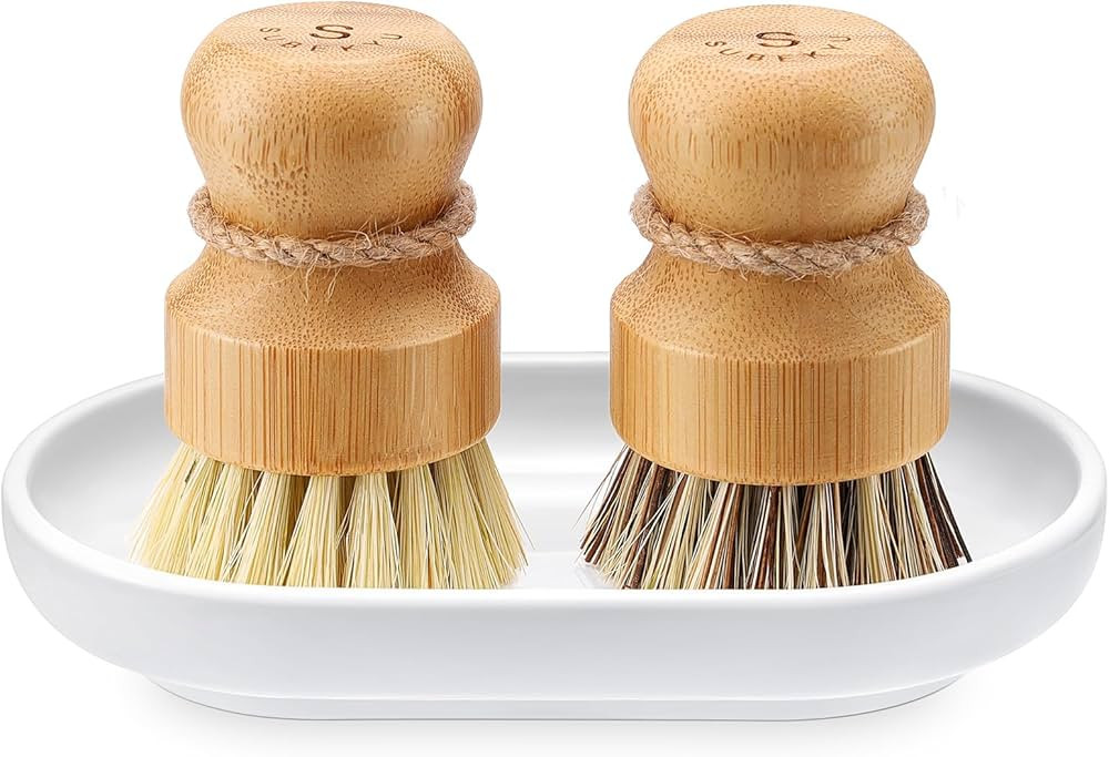 SUBEKYU Bamboo Dish Scrub Brushes, Bubble Up Bamboo Dish Brush Set with Brush Tray, Kitchen Woode... | Amazon (US)