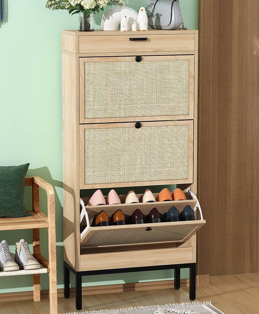 Yechen Shoe Cabinet, Shoe Rack Storage Organizer with 3 Natural Rattan Doors, Entryway Hidden Sho... | Amazon (US)