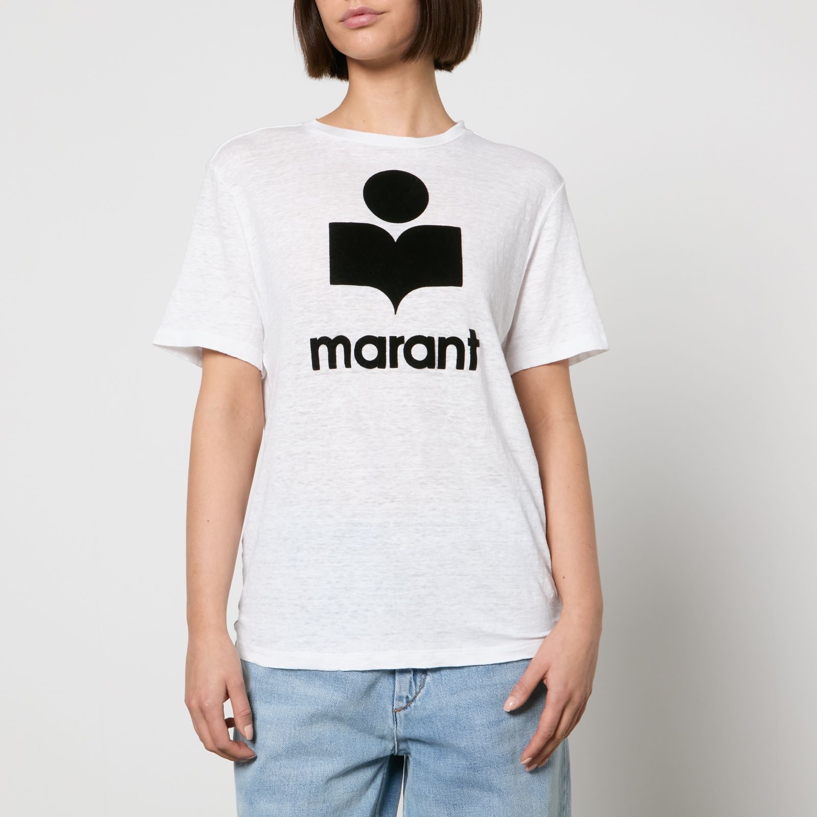 Marant Etoile Zewel Flocked Logo-Flocked Linen T-Shirt | Coggles | Coggles (Global)