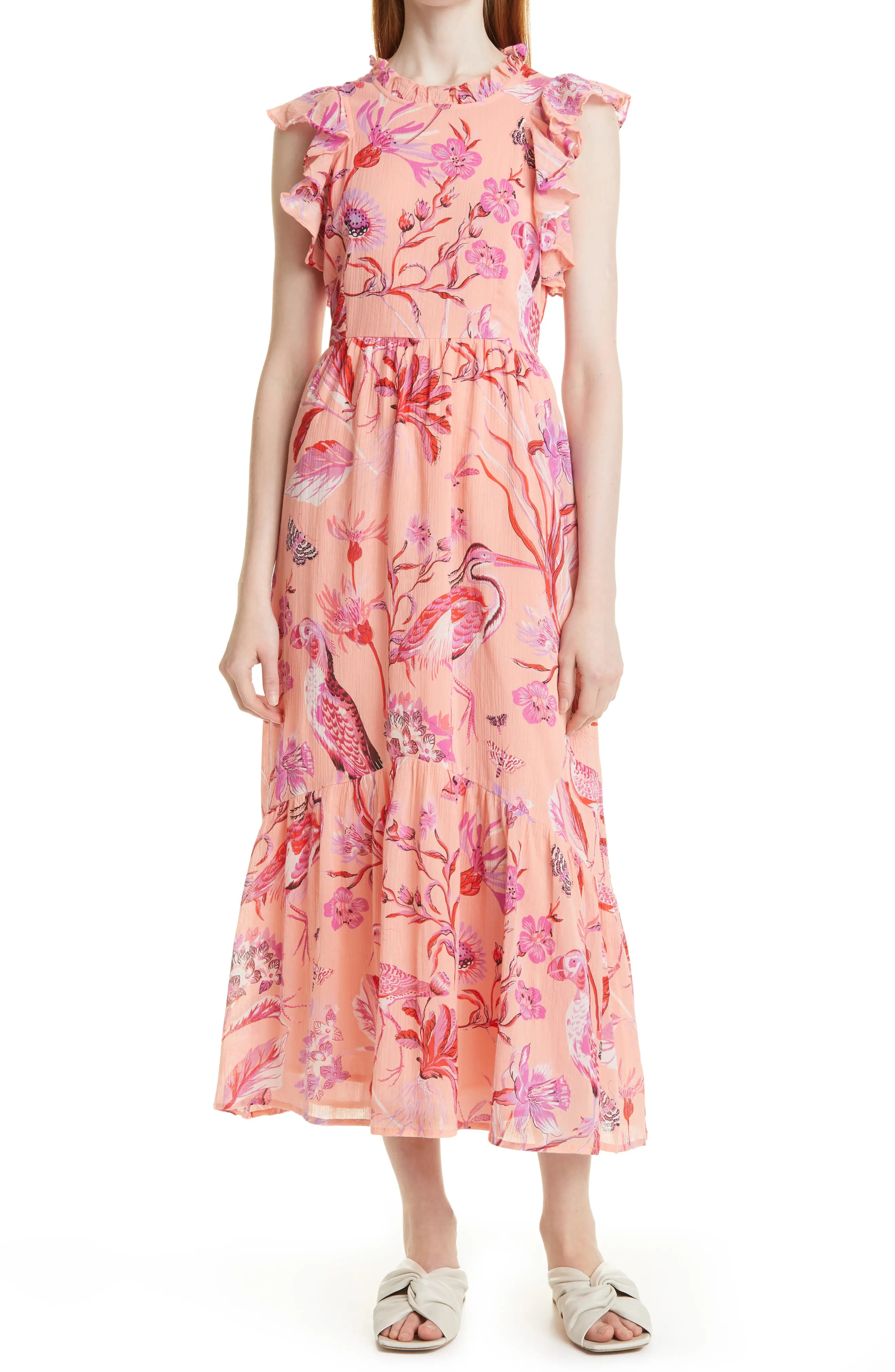 Banjanan Hanna Floral Ruffle Midi Dress in Jubilee Apricot Blush at Nordstrom, Size Large | Nordstrom