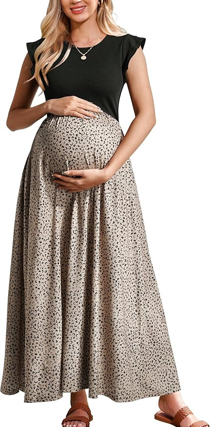 OUGES Women's Maternity Dress Summer Ruffle Sleeve Patchwork Casual Flowy Maxi Dresses with Pocke... | Amazon (US)