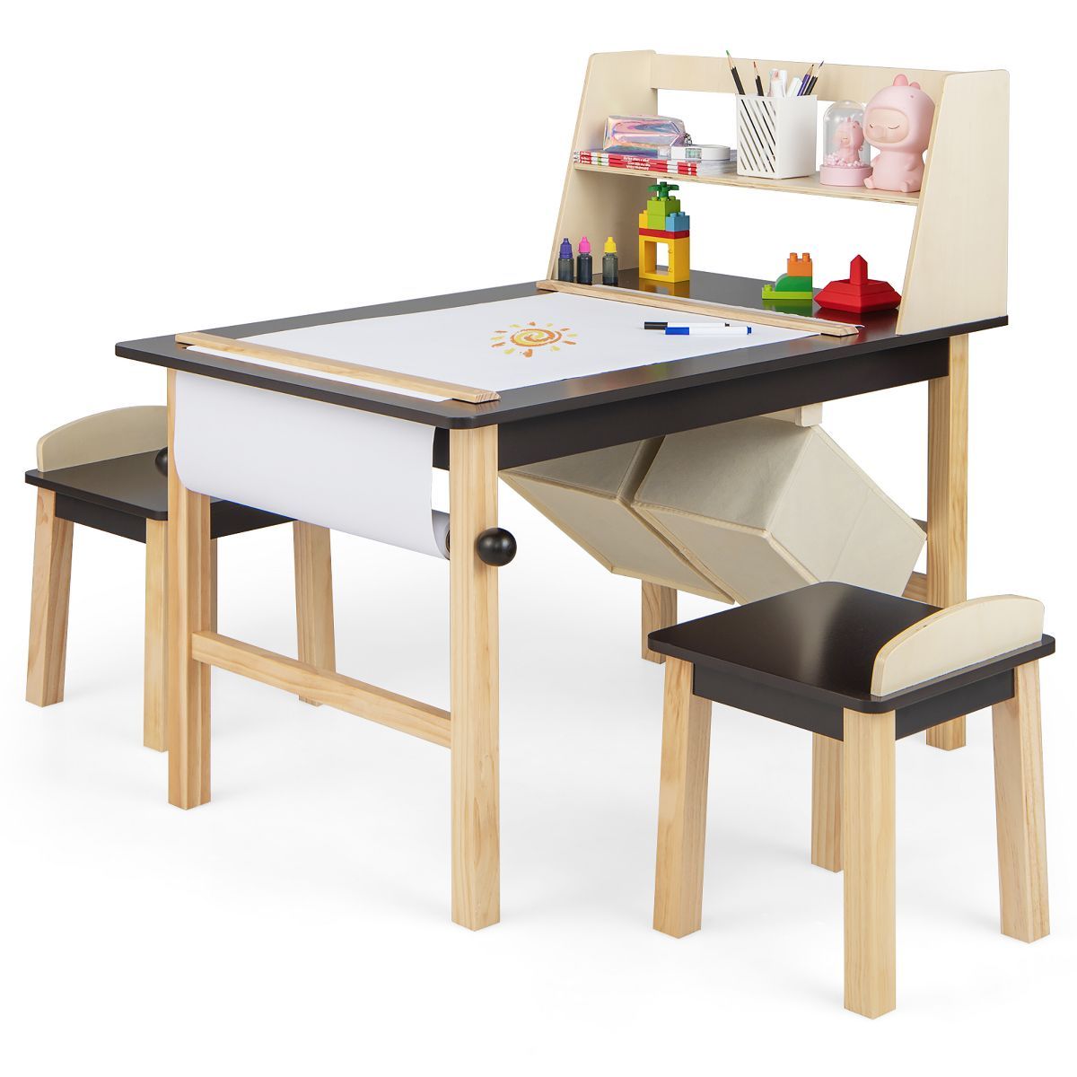 Costway Kids Art Table & Chairs Set Wooden Drawing Desk with Paper Roll Storage Shelf Bins | Target