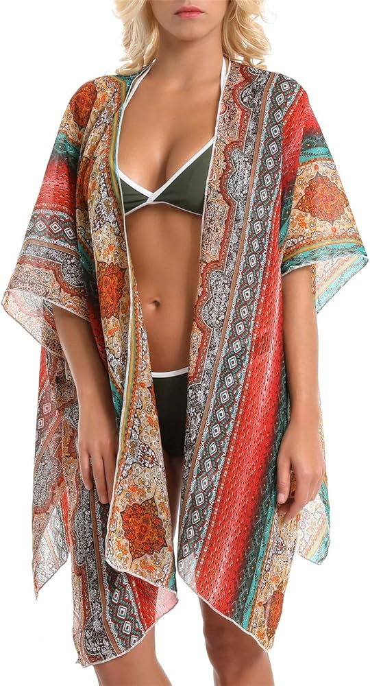 Cover Up for Swimwear Women Floral Kimono Cardigan Shawl Half Sleeve Chiffon Summer Beach Bikini ... | Amazon (US)