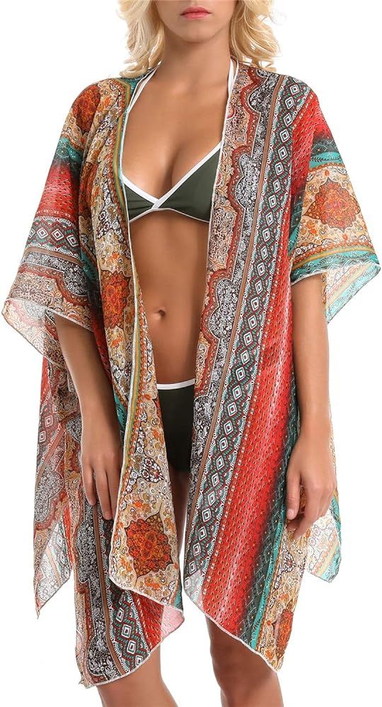 Cover Up for Swimwear Women Floral Kimono Cardigan Shawl Half Sleeve Chiffon Summer Beach Bikini ... | Amazon (US)