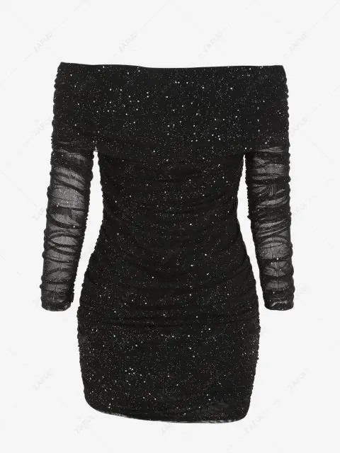 Glitter Sparkle Sequined Mesh Overlay Ruched Off Shoulder Party Dress | ZAFUL (Global)