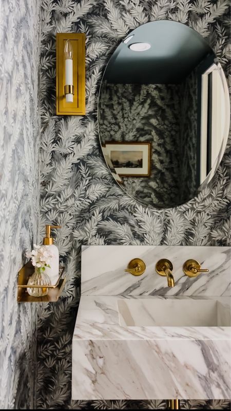 Wallpapered powder room, integrated marble sink 

#LTKHome