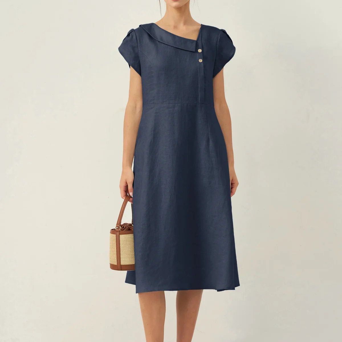 100% Linen Crescent Collar Flutter Sleeve Midi Dress FIONA | LINTICO