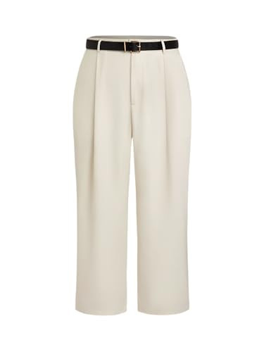 CIDER High Waist Solid Tapered Trousers with Belt Curve & Plus: Beige, 0XL | Amazon (US)