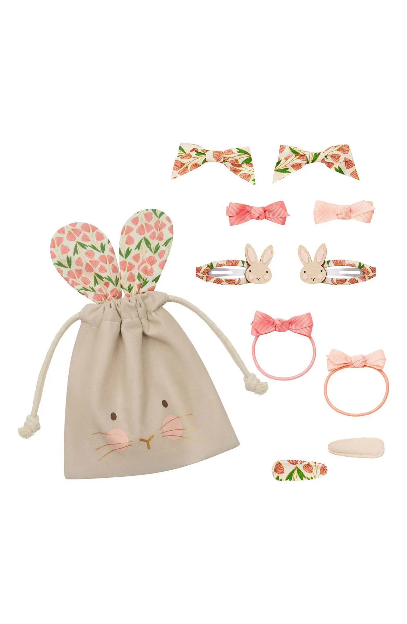 Kids' 10-Pack Assorted Ponytail Holders & Bow Clips with Easter Bunny Pouch | Nordstrom
