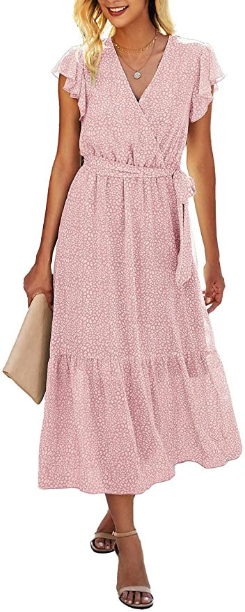 BTFBM Women Summer Bohemian Floral Casual Wrap V Neck Ruffle Cap Sleeveless Belt A-Line Pleated H... | Amazon (US)