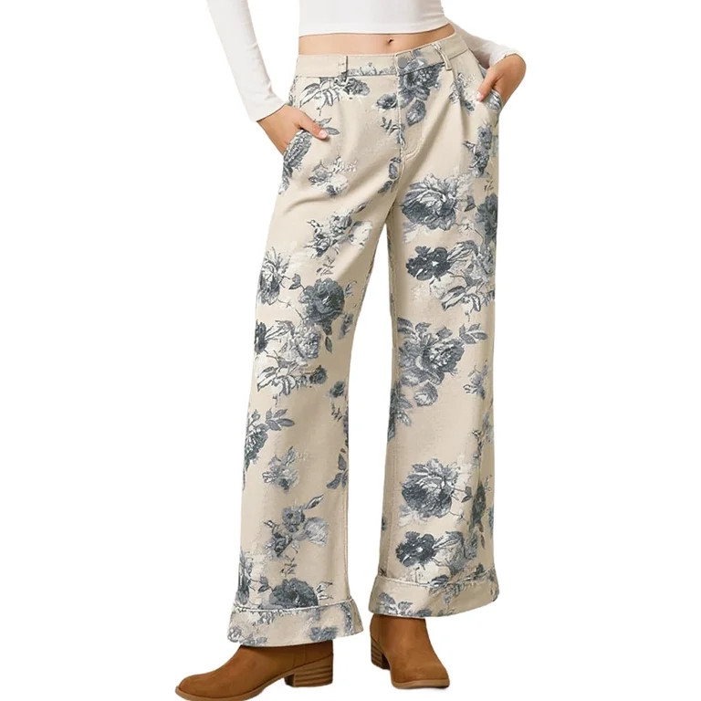 Floral Print Women Long Jeans Wide Leg Casual Denim Pants | Walmart (US)