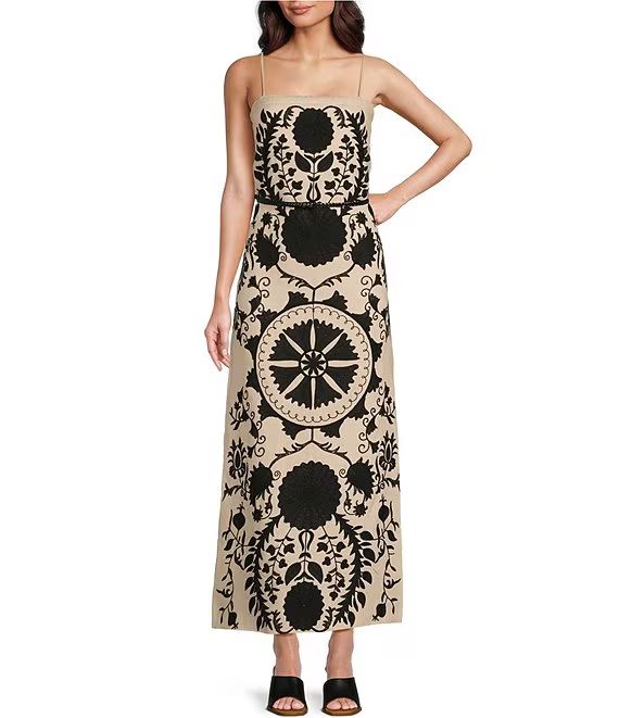 Square Neck Sleeveless Embroidered Column Side Slit Linen Maxi Dress | Dillard's