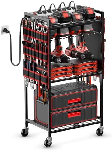 JUNNUJ Large Power Tool Organizer Cart with Charging Station, Garage Floor Standing Rolling Drill... | Amazon (US)