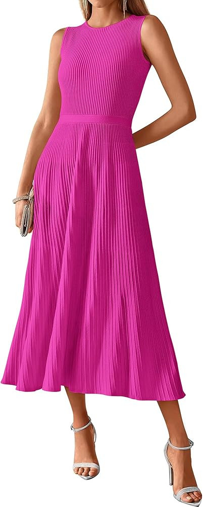 BTFBM Women Tank Midi Dress Summer Crewneck Sleeveless Pleated A Line Business Casual Formal Swea... | Amazon (US)