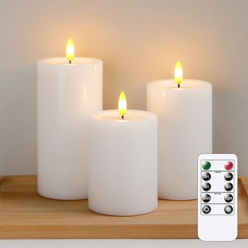 Remote Flameless Flickering Pillar Candles with Candle Grease Effect,Pack of 3 White LED Battery ... | Amazon (US)