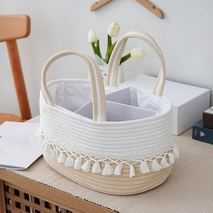 Baby Diaper Caddy Organizer, Rope Tassel Nursery Storage Bin Basket, Portable Holder Tote Bag for... | Amazon (US)