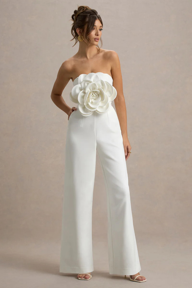 Opia | White Bandeau Wide-Leg Jumpsuit With Large Floral Corsage | Club L London
