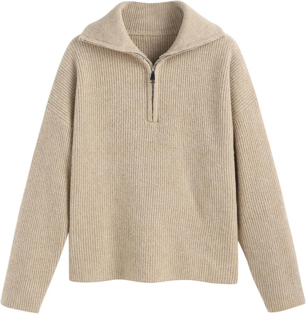 CIDER Quarter Zip Pullover Sweaters for Women Trendy V Neck Long Sleeve Fall Sweaters Solid Knit ... | Amazon (US)