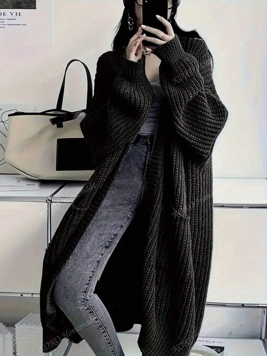 Solid Open Front Loose Knit Cardigan, Casual Long Sleeve Long Length Sweater With Pocket, Women's... | SHEIN