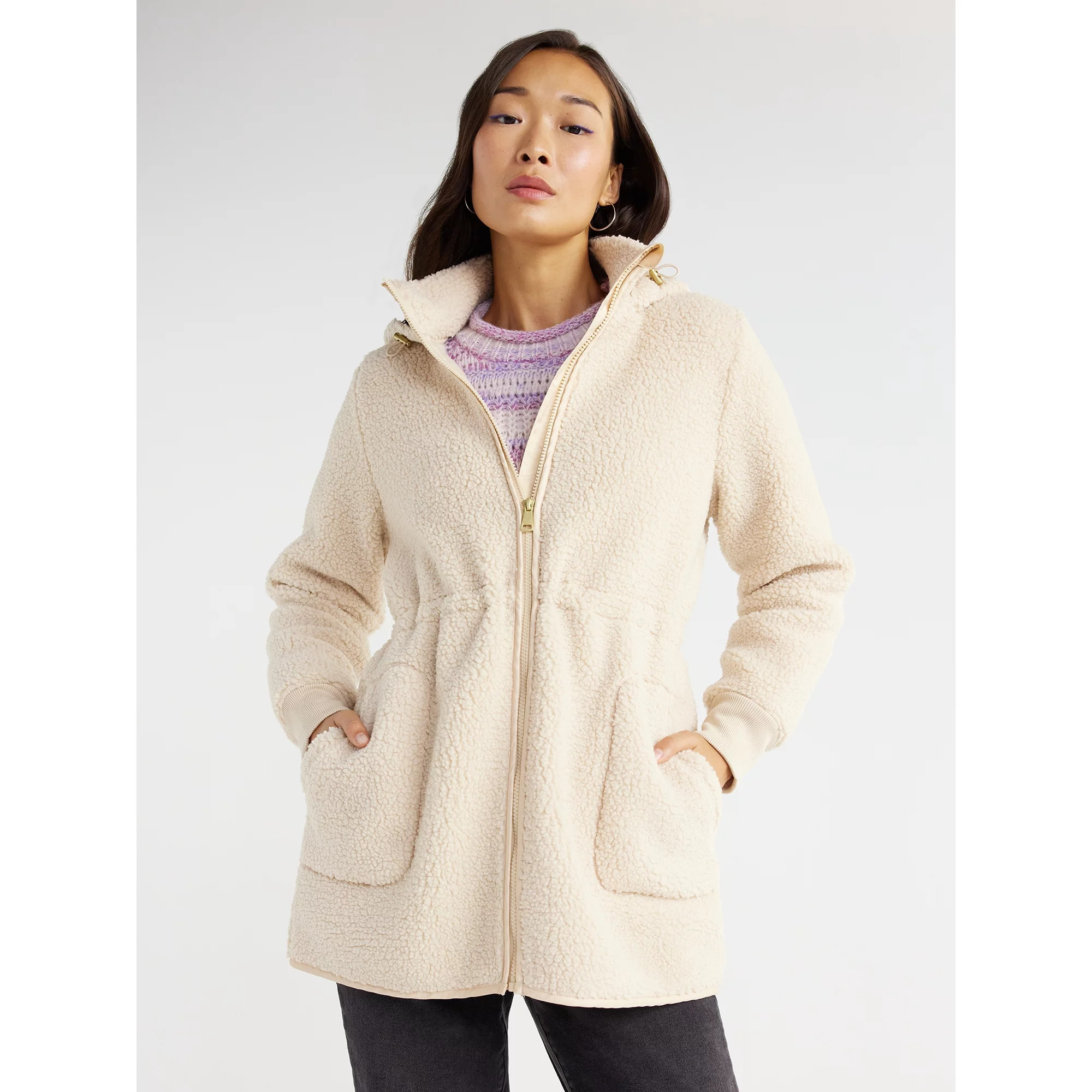 Time and Tru Women’s Faux Sherpa Jacket with Hood, Sizes S-2X | Walmart (US)