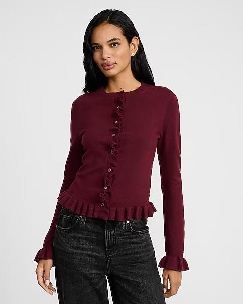 Crew Neck Ruffle Cardigan | Express