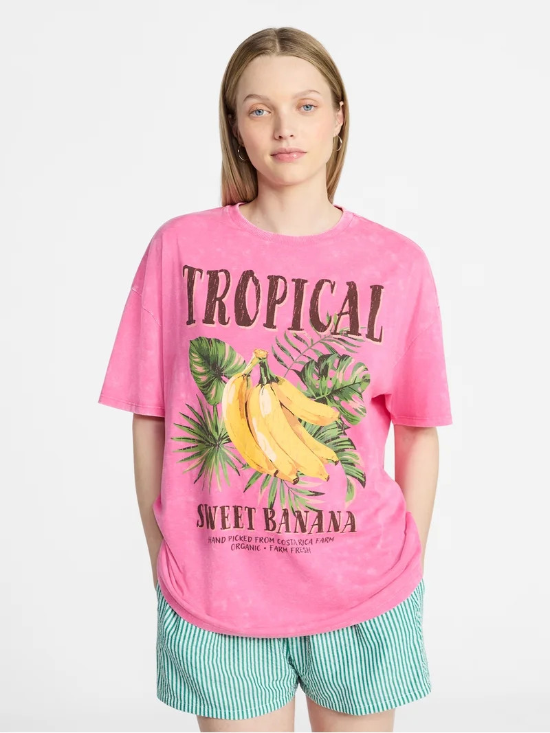 No Boundaries Graphic Oversized Boyfriend Tee, Women's XXS-XXL | Walmart (US)