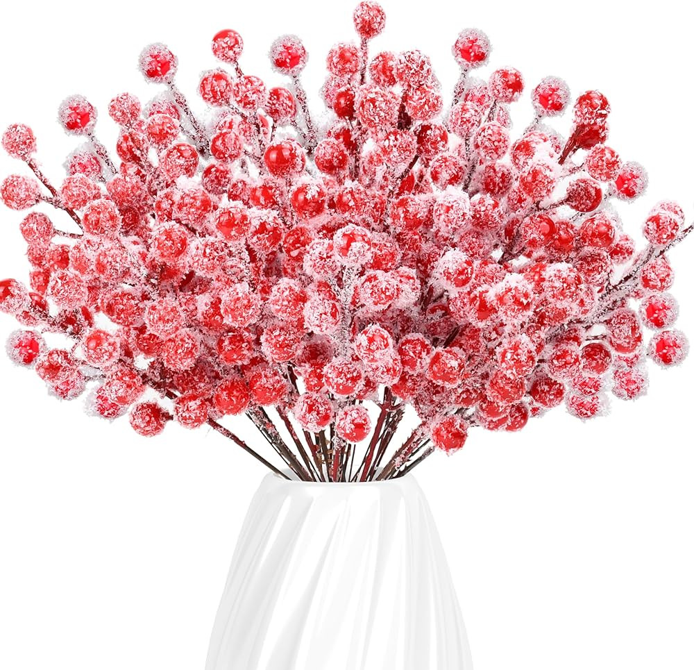 32 Pcs 8.7 Inches Snow Frosted Artificial Red Berry Stems Snowy Christmas Red Spray Picks Holly B... | Amazon (US)