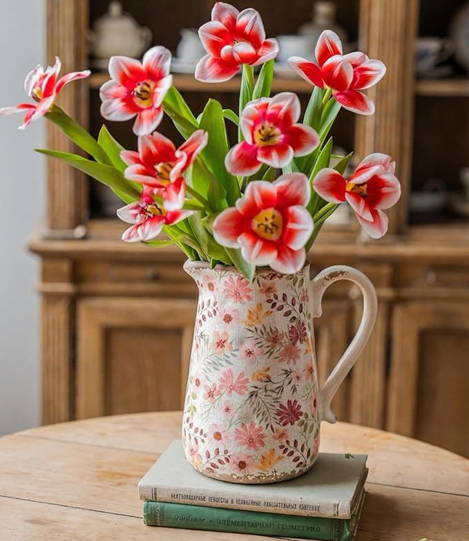 Retro Rustic Large Ceramic Vase with Handle, Distressed Farmhouse Pitcher for Home, Ideal Shelf D... | Amazon (US)