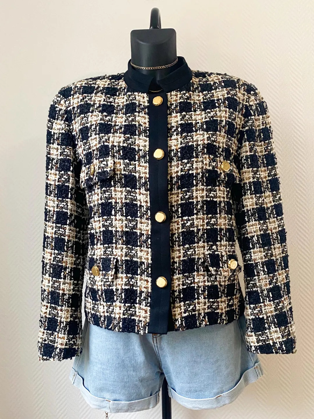 Vintage French tweed jacket CONSTANTIN Paris – wool blend, gold buttons, navy & beige checkered... | Etsy (US)