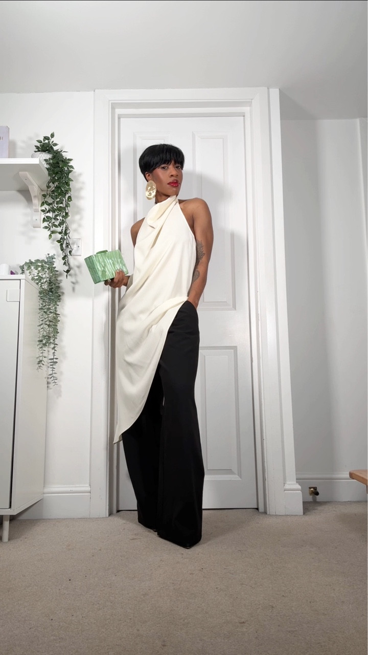 Get ready with me to attend a fancy dinner. This look is more ‘elegant’ than my usual day to day but I still stick to my policy of elevating simple items. These £30 @bershka trousers can work for day and night time looks making them a perfect wardrobe staple- linked in my LTK in my bio. Gorgeous but simple asymmetric top in from @zara ref 4437/004/251. #styleover30 #occassionwear #personalstyle #daytonightlook #capsulewardrobe