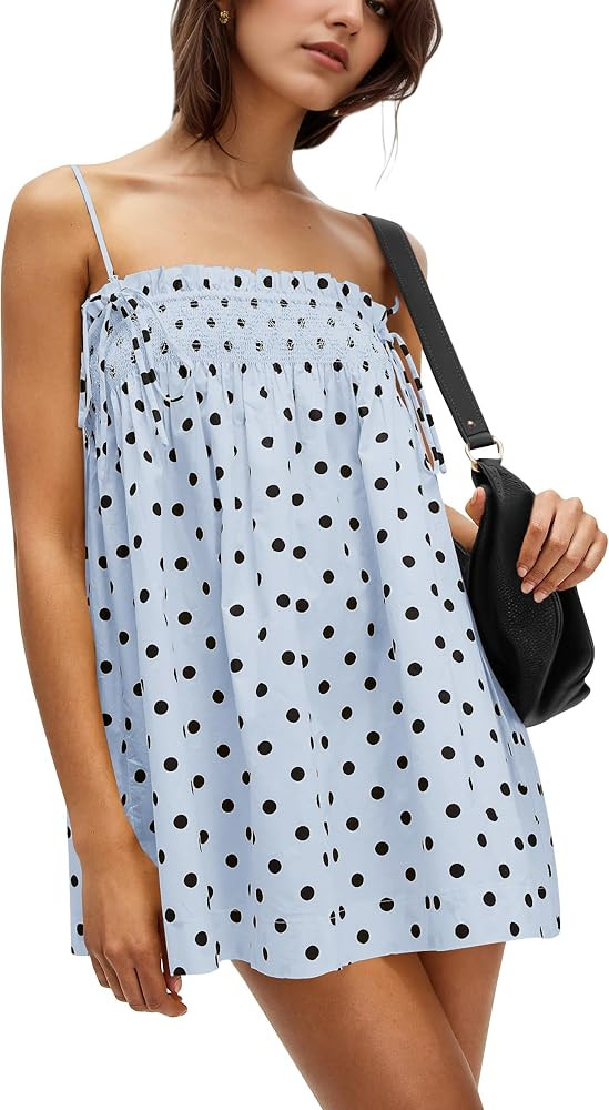 Women Polka Dot Sleeveless Square Neck Backless Spaghetti Strap Smocked Flowy Ruched Sexy Mini Ca... | Amazon (US)