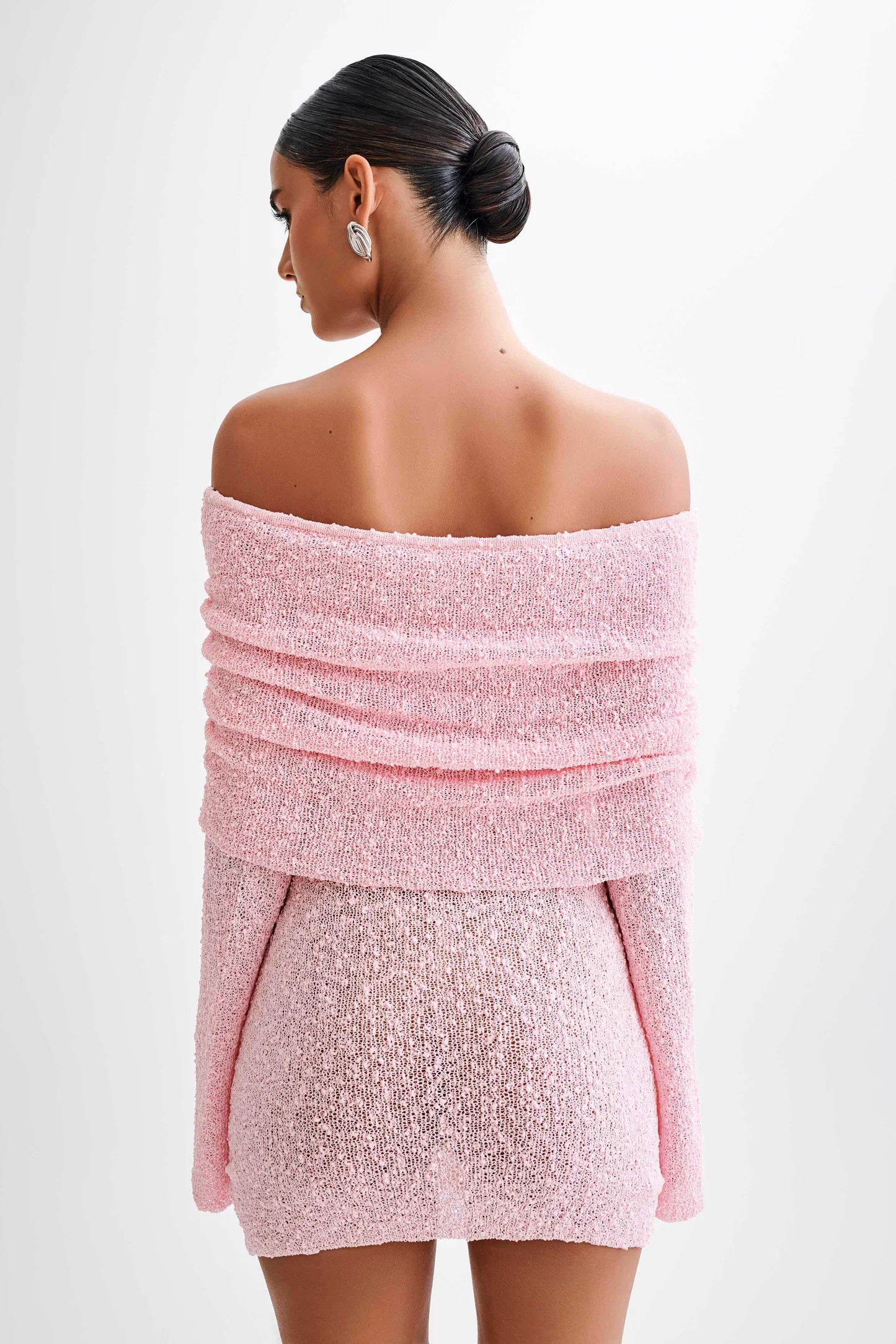 Marisol Off Shoulder Boucle Mini Dress - Baby Pink | MESHKI US