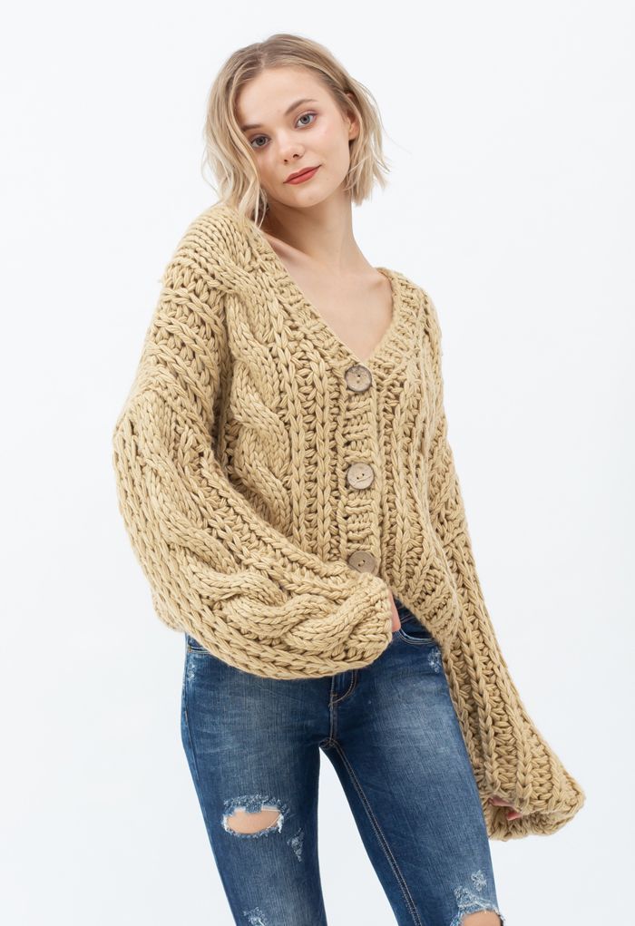 V-Neck Crop Hand-Knit Chunky Cardigan in Camel | Chicwish